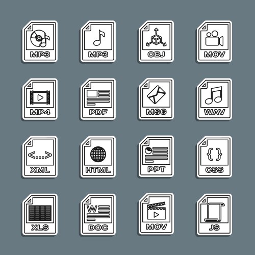 Set line js file document css wav obj pdf mp4 vector image