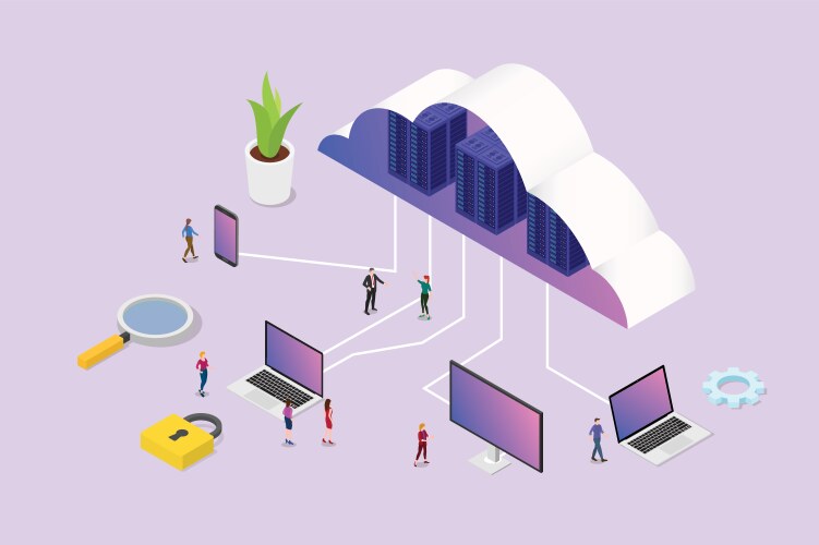 Isometric 3d cloud computing concept with team vector image