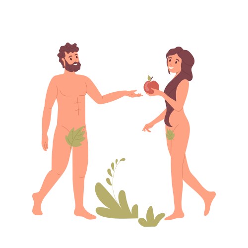 happy adam and eve with forbidden apple fruit vector image