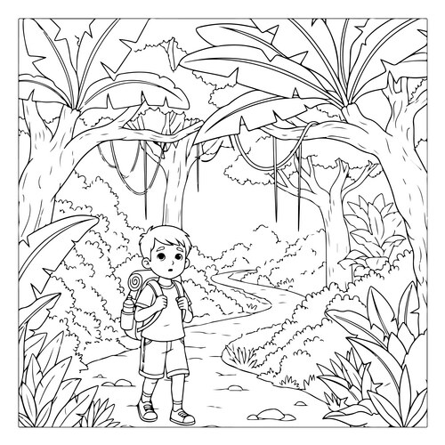 Boy with backpack walking through a jungle Vector Image