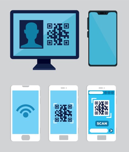 Set smartphones and computer with code qr vector image