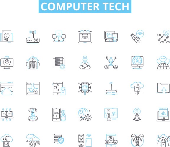 Computer tech linear icons set hardware software vector image