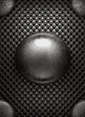 Red button on metal perforated background round Vector Image