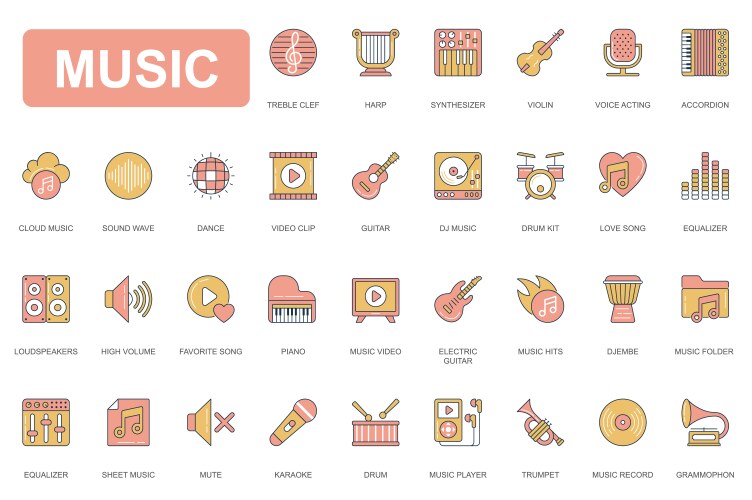 music concept simple line icons set pack outline vector image