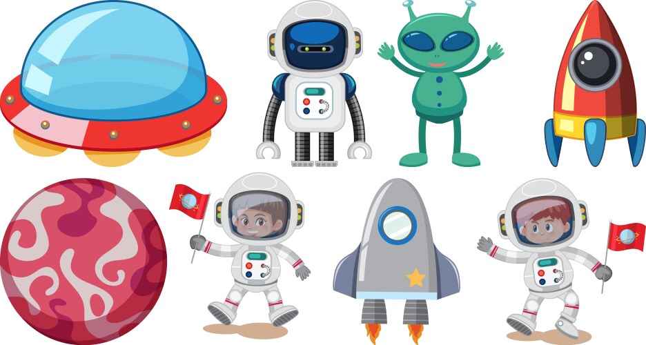 Set of space cartoon characters and objects vector image
