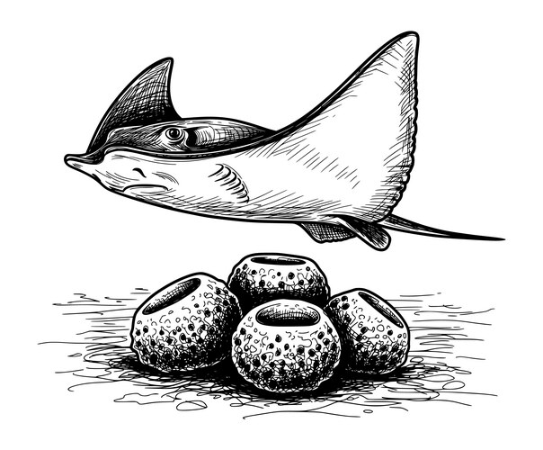 Stingray and Sea Sponges - Ink Drawing Vector Image