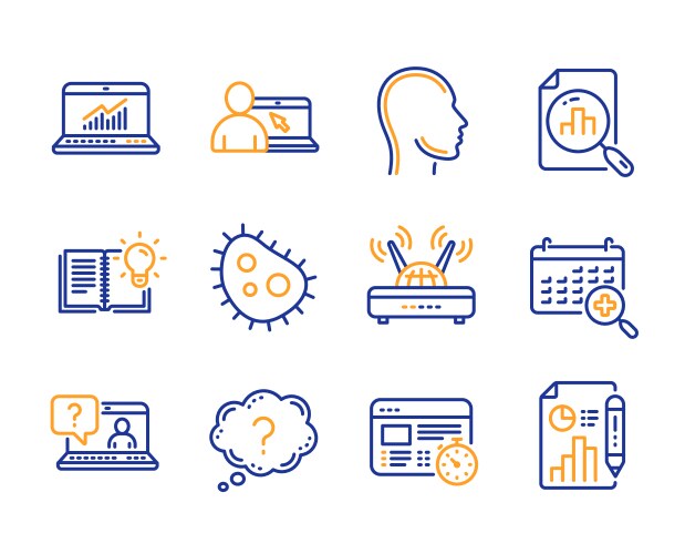 Web timer analytics graph and head icons set faq vector image