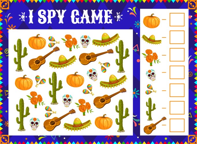 I spy game riddle with mexico day of dead items vector image