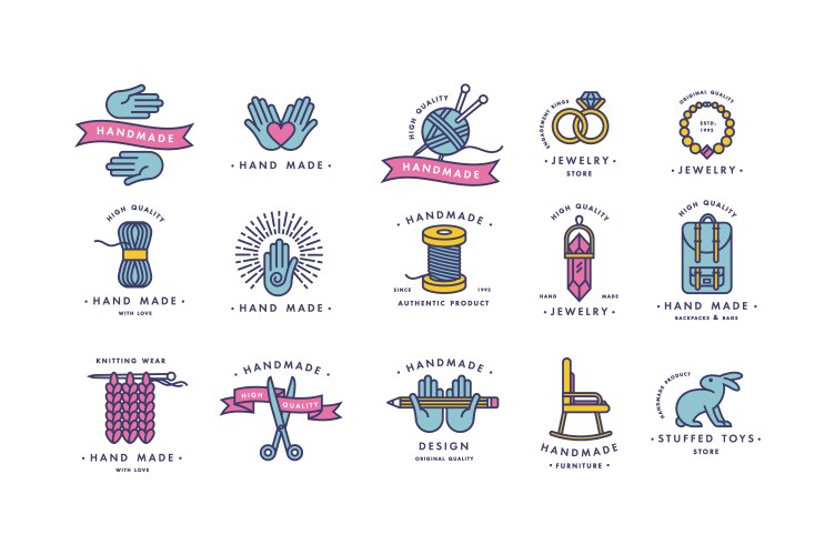Handmade colorful line logos set linear vector image