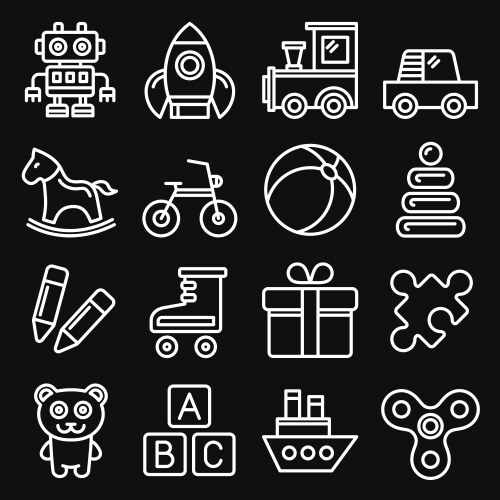 toys icons set on black background line style vector image