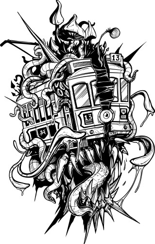Cartoon psychedelic retro monster red tramway Vector Image