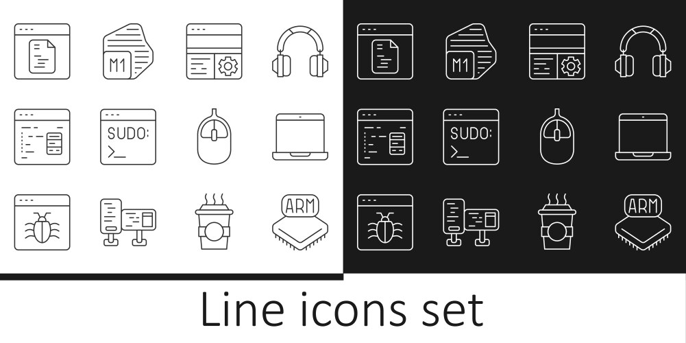 Set line processor laptop debugging code vector image