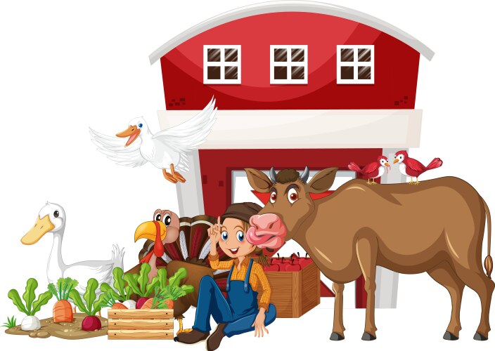 A boy at the farmhouse with animals Royalty Free Vector