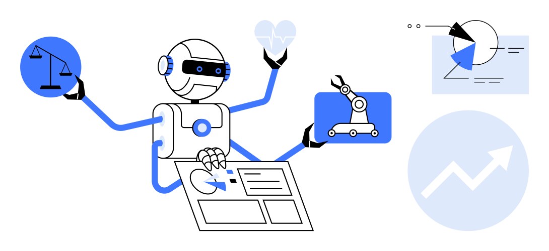 Ai robot analyzing data multitasking vector image