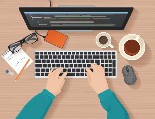 Developer working at computer programmer hands vector image