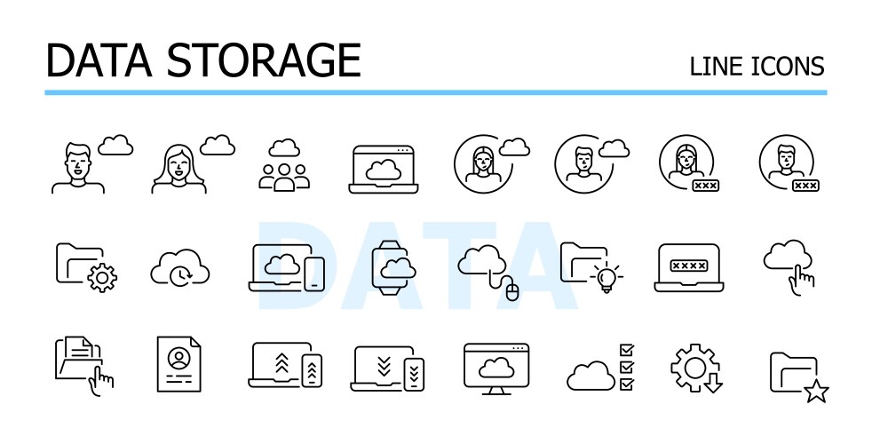 Data storage icons set cloud virtual file backup vector image