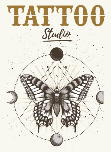 Tattoo studio poster with mystical butterfly moon Vector Image