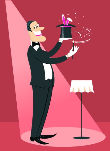 Magician man doing a trick with magic wand vector image