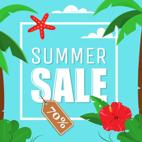 summer sale card with palms and hibiscus flowers vector