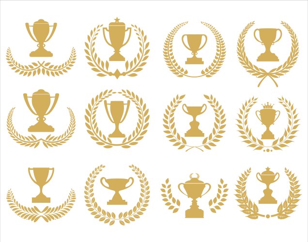 Award cups trophy and laurel wreaths icons vector image