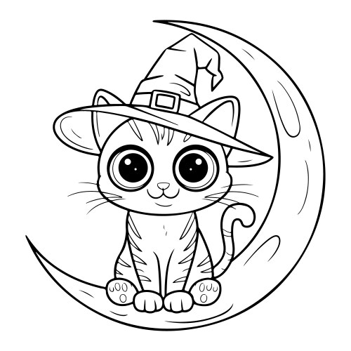 Cat on Crescent Moon with Witch Hat Vector Image
