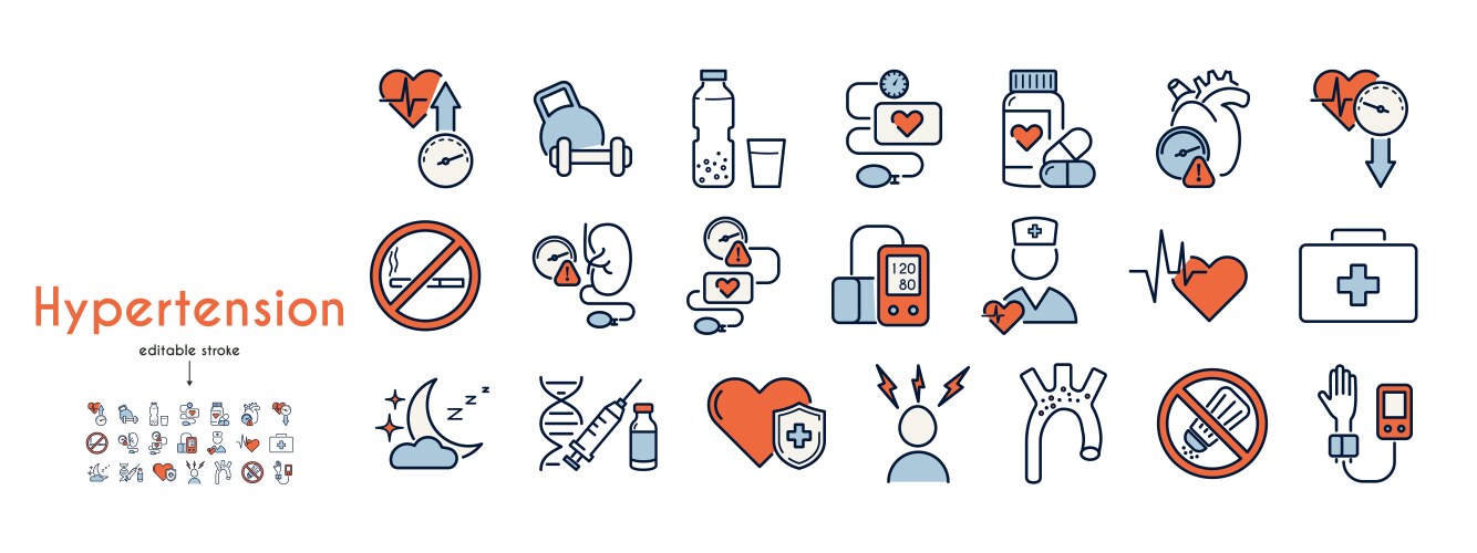 Hypertension color icon set heart tonometer vector image