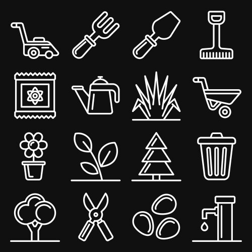 Gardening icons set on black background line vector image