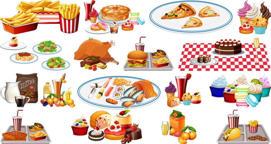 Foods and beverages set Royalty Free Vector Image