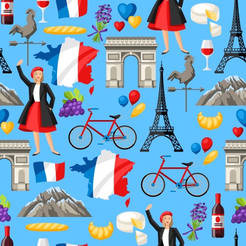 France Seamless Pattern - Iconic Symbols Vector Image