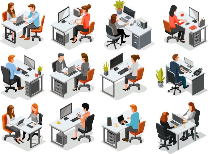 Isometric office workers set employee with laptop vector image