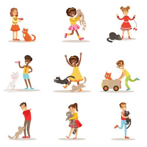 Kids and Cats - Playful Scene Vector Image