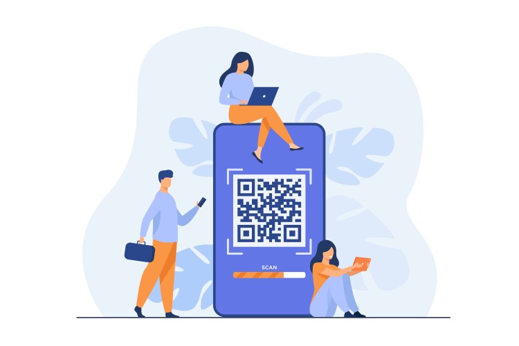 Tiny people using qr code for online payment vector image