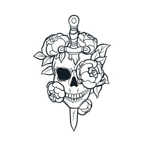 Skull with flowers pierced by dagger skeleton Vector Image