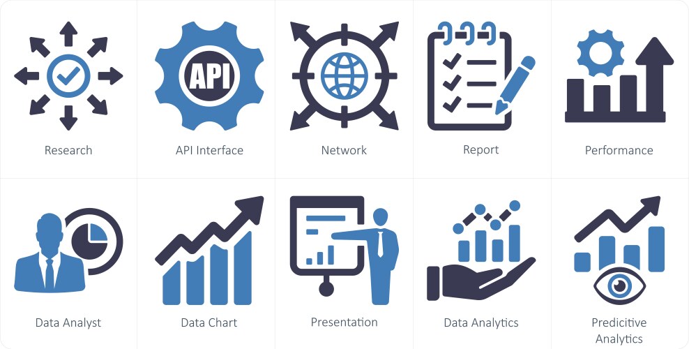 A set of 10 data analytics icons as research api vector image