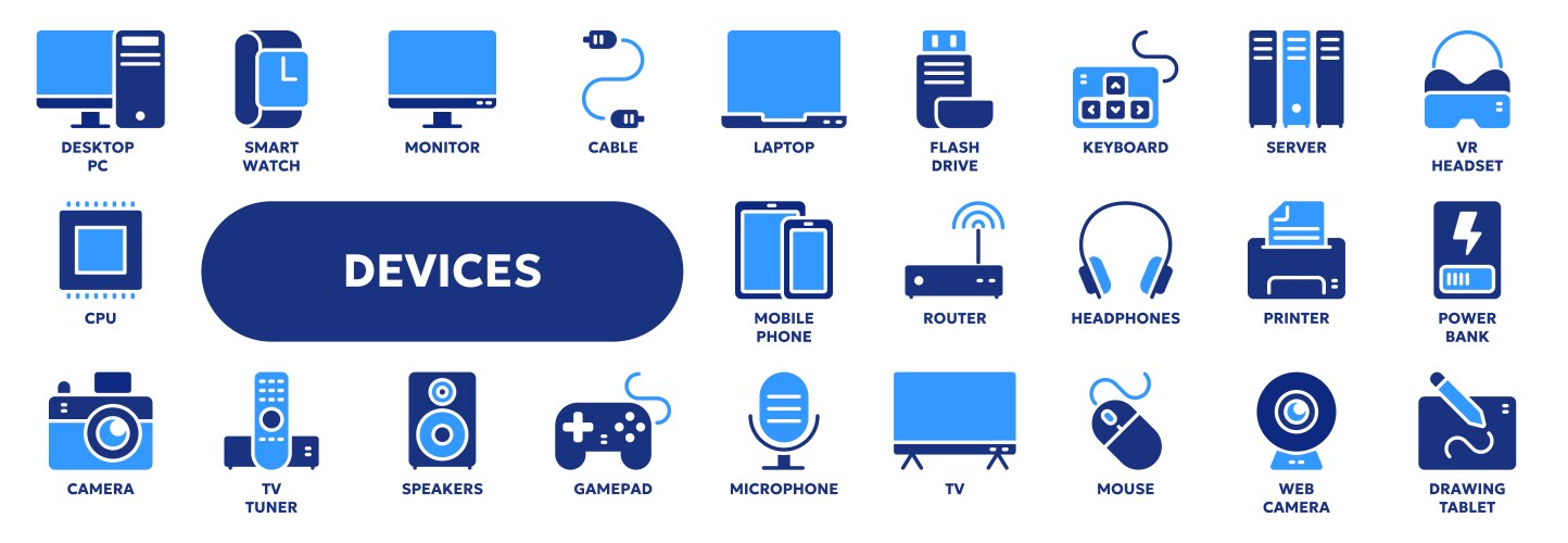Solid icons of computer devices and electronics vector image