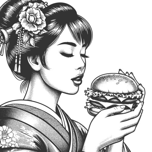 Geisha with Burger - Engraving Vector Image