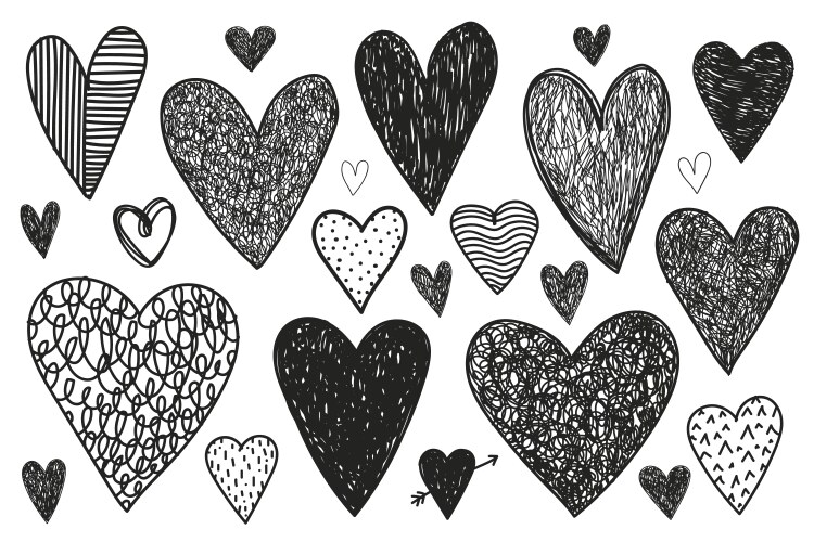 set of hand drawn doodle hearts black vector image