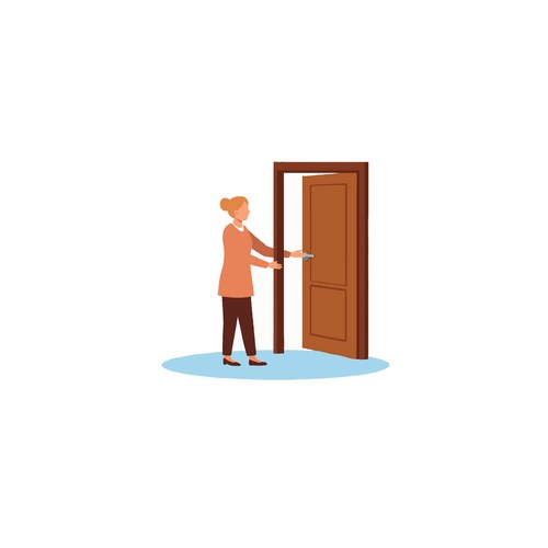 Person opening wooden door inviting new Vector Image