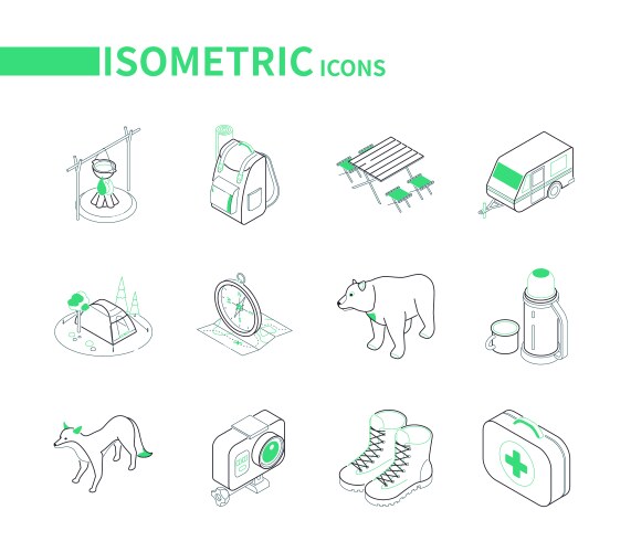 Camping and hiking equipment - line isometric Vector Image