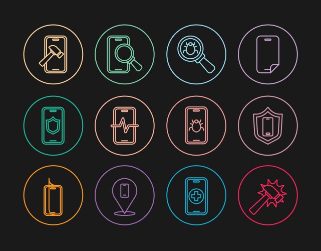 Set line hammer mobile with shield system bug vector image