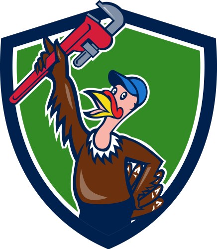 Turkey plumber raising wrench shield cartoon Vector Image