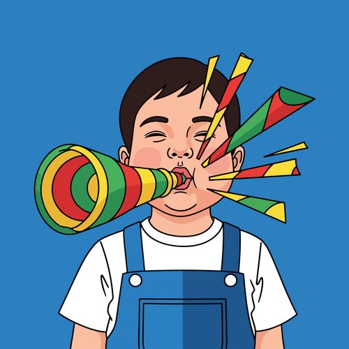 Cheerful Boy Blowing Party Horn Vector Image