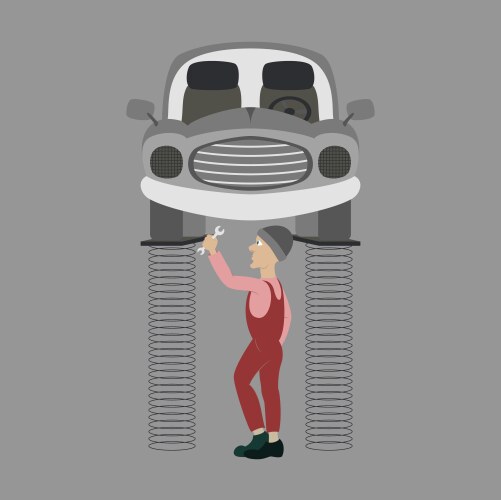 Mechanic standing under car and repairing vector image