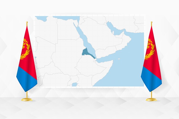 Map of eritrea and flags on flag stand vector image