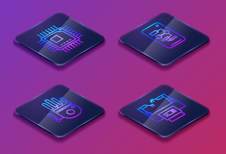 Set isometric line processor with microcircuits vector image