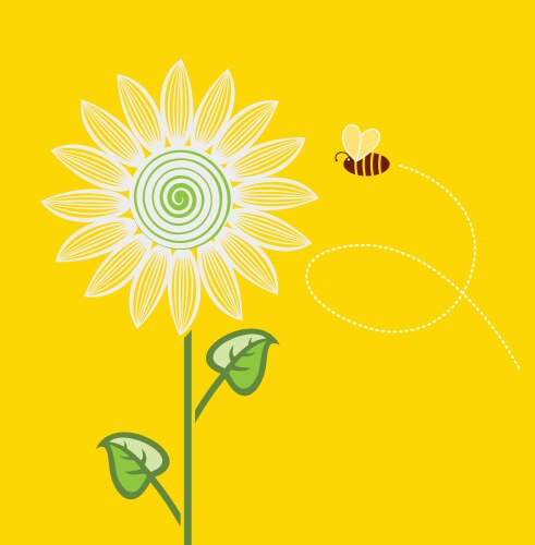 sunflower cartoon with flying bee on yellow vector image vector image