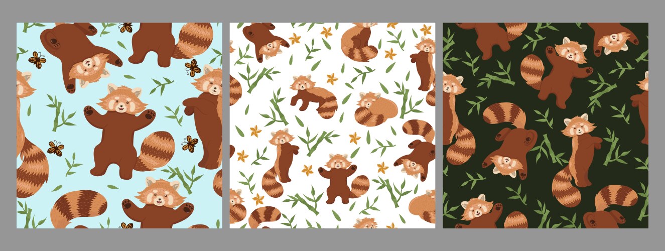 Set seamless patterns with red pandas vector image