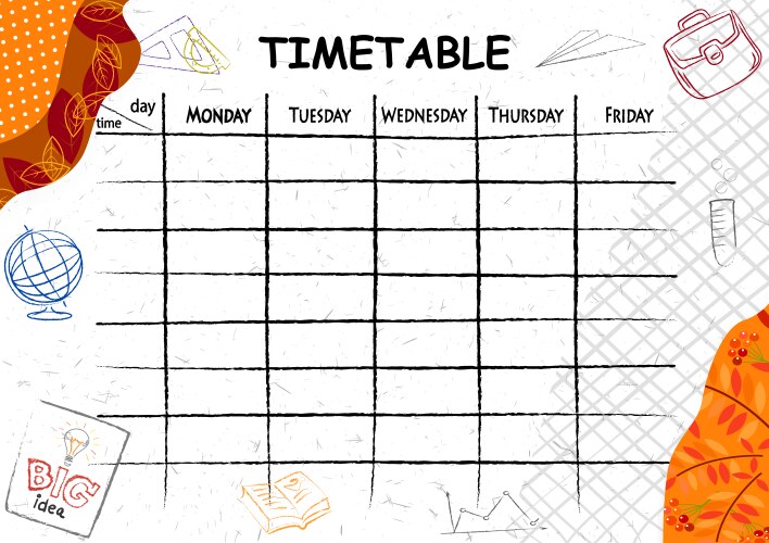 School timetable background with hand drawn space Vector Image