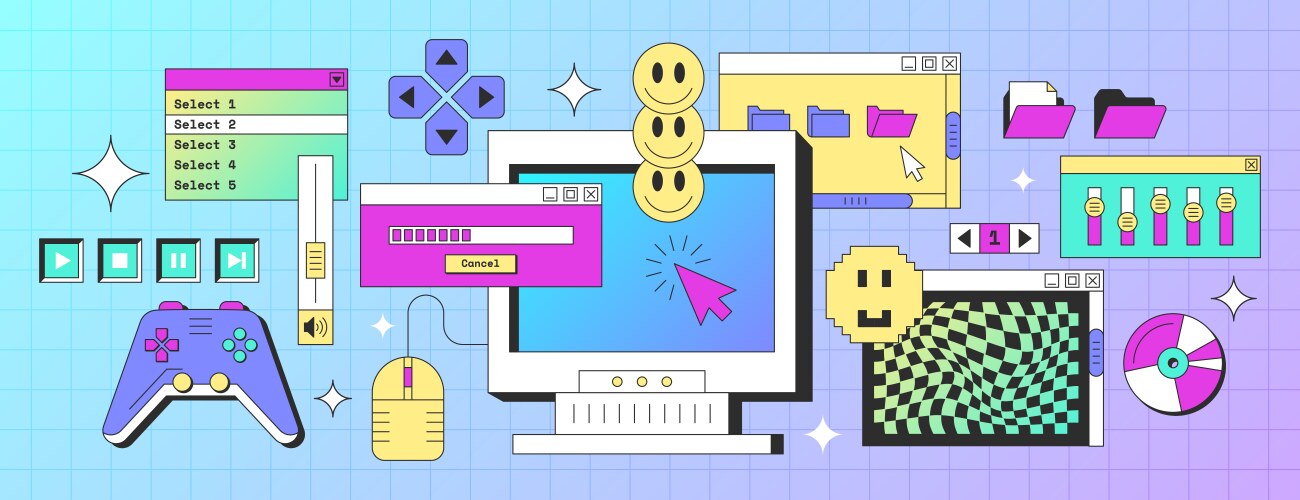 Retro computer screen interface with windows vector image