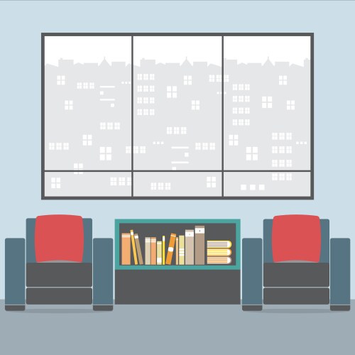 Sofas with bookcase in front of wide glass window vector image
